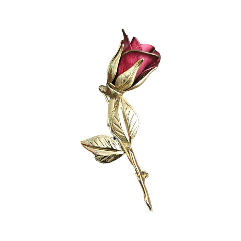 Vintage Red Rose Brooch Gold Tone 3"